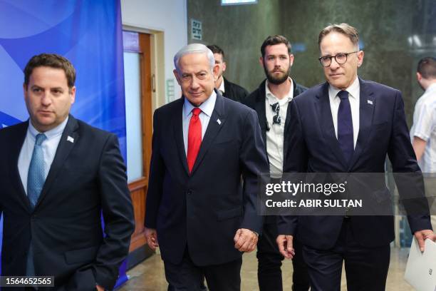 Israel's Prime Minister Benjamin Netanyahu arrives to attend the weekly cabinet meeting in the prime minister's office in Jerusalem on July 30, 2023.