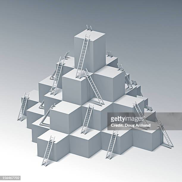 ladders to higher levels of a white cube structure - business stock illustrations