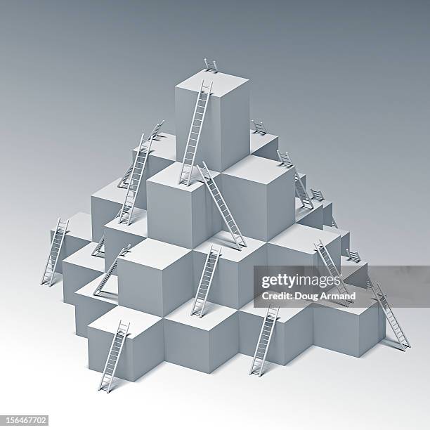 ladders to higher levels of a white cube structure - seeking stock illustrations