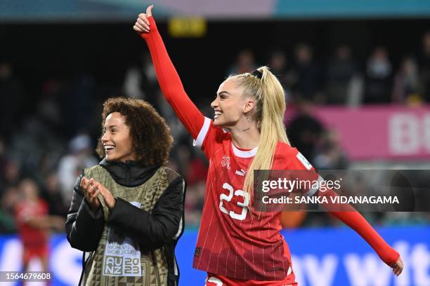 Switzerland's forward Alisha Lehmann greets supporters at the end of the Australia and New Zealand 2023 Women's World Cup Group A football match...