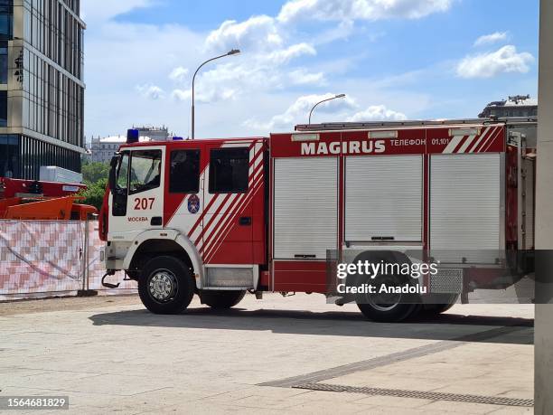 Fire truck is seen as firefighters and search and rescue teams continue to work after Ukrainian drones attacks in Moscow, Russia on July 30, 2023....