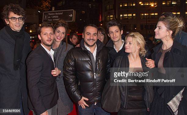 Director Hugo Gelin, actor Nicolas Duvauchelle, his wife Laura, actors Francois-Xavier Demaison, Pierre Niney, and actresses Melanie Thierry and...
