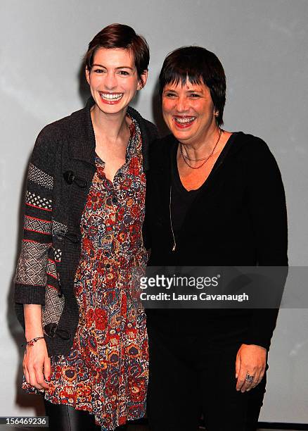 Anne Hathaway visits Eve Ensler and the cast of "Emotional Creature" at Signature Center on November 15, 2012 in New York City.