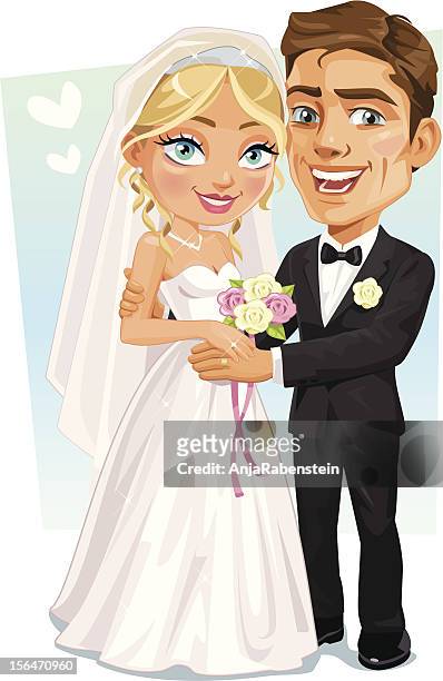 ilustraciones, imágenes clip art, dibujos animados e iconos de stock de feliz pareja de boda, la novia y el novio sonriente sosteniendo las manos - novios