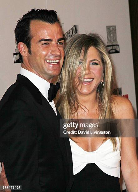 Actors Justin Theroux and Jennifer Aniston attend the 26th American Cinematheque Award Gala honoring Ben Stiller at The Beverly Hilton Hotel on...