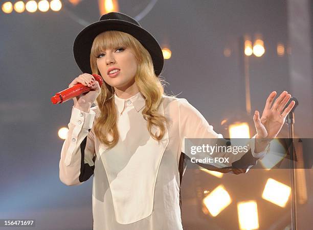 Taylor Swift onstage at FOX's "The X Factor" Season 2 Top 11 to 10 Live Elimination Show on November 15, 2012 in Hollywood, California.