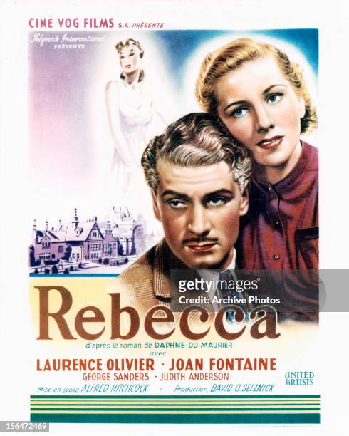 Laurence Olivier and Joan Fontaine in movie art for the film 'Rebecca', 1940.