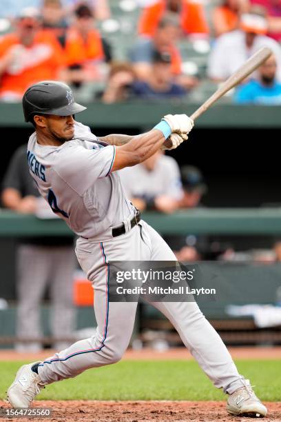 Dane Myers of the Miami Marlins takes a swing during a baseball game against the Baltimore Orioles at Oriole Park at Camden Yards on July 16, 2023 in...