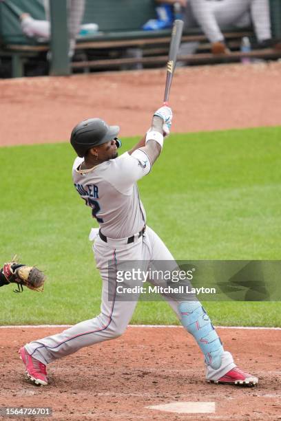 Jorge Soler of the Miami Marlins takes a swing during a baseball game against the Baltimore Orioles at Oriole Park at Camden Yards on July 16, 2023...