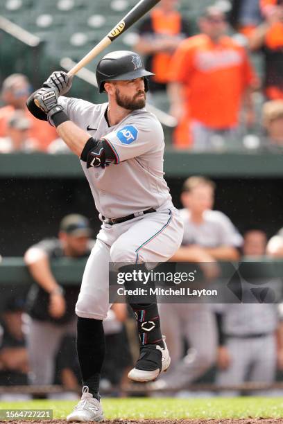 Jon Berti of the Miami Marlins prepares for a pitch during a baseball game against the Baltimore Orioles at Oriole Park at Camden Yards on July 16,...