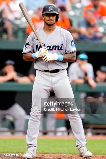 Dane Myers of the Miami Marlins looks on during a baseball game against the Baltimore Orioles at Oriole Park at Camden Yards on July 16, 2023 in...