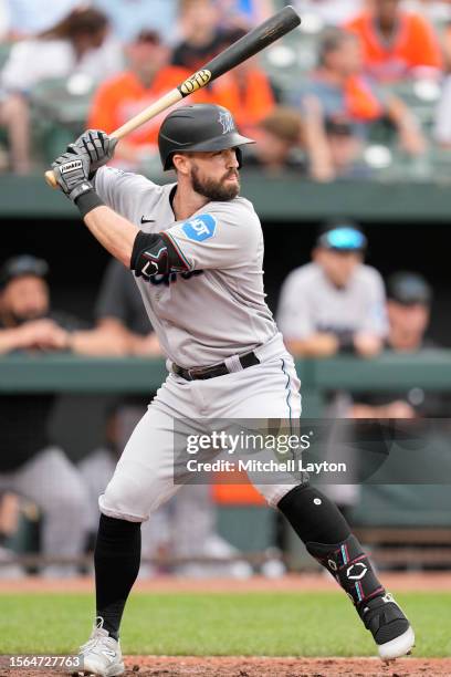 Jon Berti of the Miami Marlins prepares for a pitch during a baseball game against the Baltimore Orioles at Oriole Park at Camden Yards on July 16,...