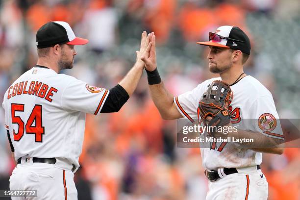 Danny Coulombe and Colton Cowser of the Baltimore Orioles celebrate a win after a baseball game against the Miami Marlins at Oriole Park at Camden...