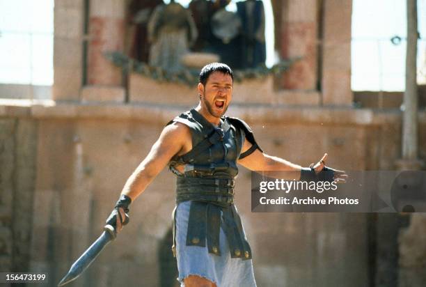 Russell Crowe with sword in a scene from the film 'Gladiator', 2000.