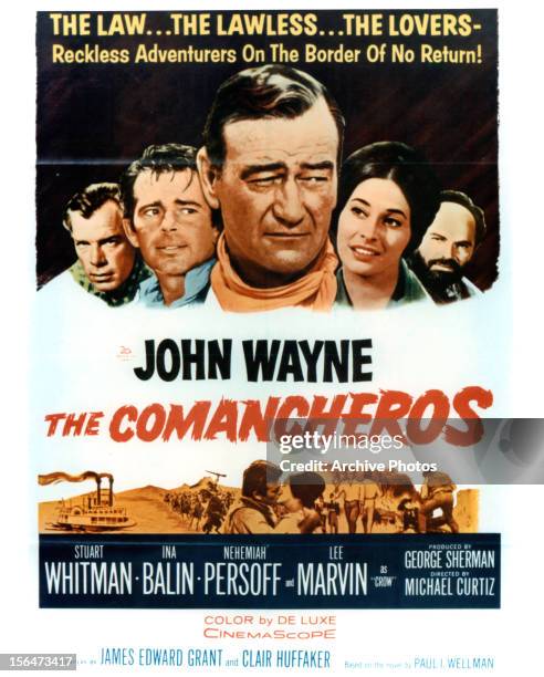 Lee Marvin, Stuart Whitman, John Wayne, Ina Balin and Nehemiah Persoff in movie art for the film 'The Comancheros', 1961.