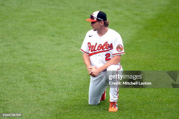 Gunnar Henderson of the Baltimore Orioles looks on before a baseball game against the Miami Marlins at Oriole Park at Camden Yards on July 16, 2023...
