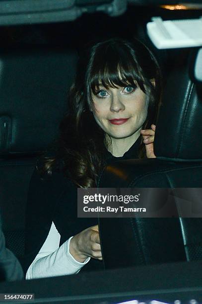 Actress Zooey Deschanel leaves the "Late Show With David Letterman" taping at the Ed Sullivan Theater on November 15, 2012 in New York City.