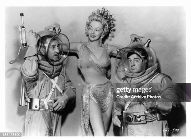 Bud Abbott, Mari Blanchard, and Lou Costello publicity portrait for the film 'Abbott And Costello Go To Mars', 1953.