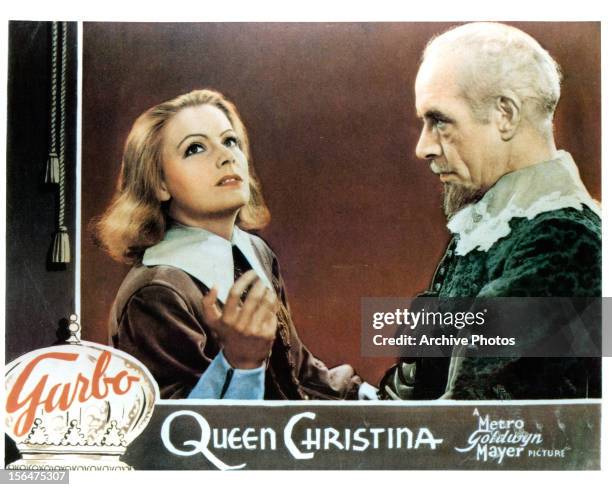 Greta Garbo and Lewis Stone in movie art for the film 'Queen Christina', 1933.