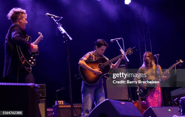 Buck Meek, Adrianne Lenker and Max Oleartchik of Big Thief perform during the Pitchfork Music Festival Day 2 at Union Park on July 22, 2023 in...