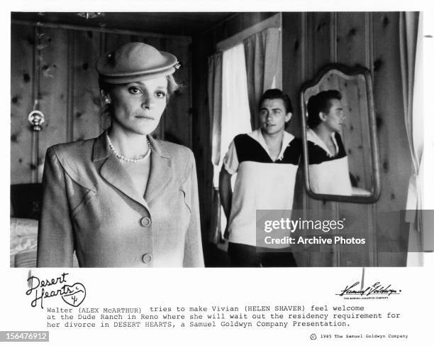 Helen Shaver is welcomed to the ranch by Alex McArthur in a scene from the film 'Desert Hearts', 1985.