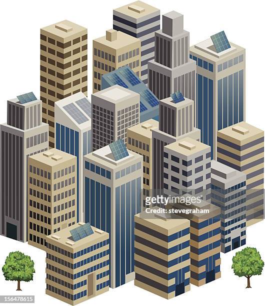 illustrazioni stock, clip art, cartoni animati e icone di tendenza di paesaggio urbano vista assonometrica in 3d. - grattacielo