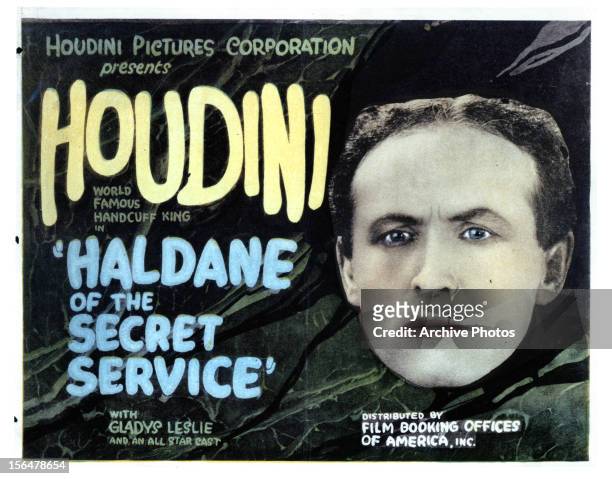 Harry Houdini in movie art for the film 'Haldane Of The Secret Service', 1923.