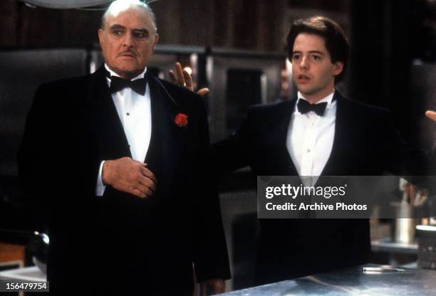 Marlon Brando and Matthew Broderick in a scene from the film 'The Freshman', 1990.