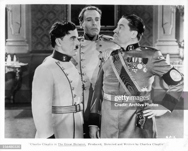 Charles Chaplin and Jack Oakie facing off in a scene from the film 'The Great Dictator', 1940.