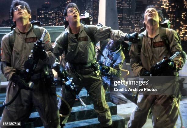 Harold Ramis, Dan Aykroyd, Ernie Hudson and Bill Murray in a scene from the film 'Ghostbusters', directed by Ivan Reitman, 1984.