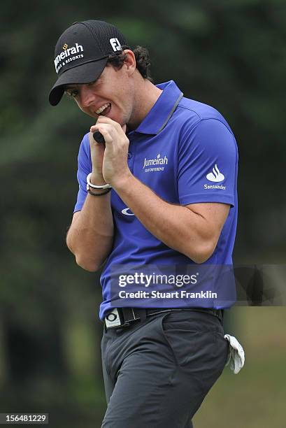 Rory McIlroy of Northern Ireland reacts to a putt during the second round of the UBS Hong Kong open at The Hong Kong Golf Club on November 16, 2012...