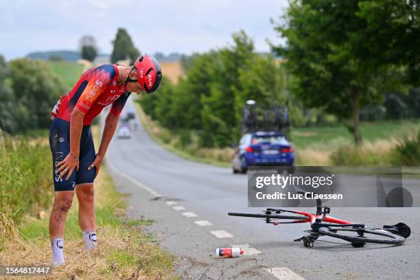 Joshua Tarling of Great Britain and Team INEOS Grenadiers injured after falling during the 44th Ethias-Tour de Wallonie 2023, Stage 2 a 179.7km stage...