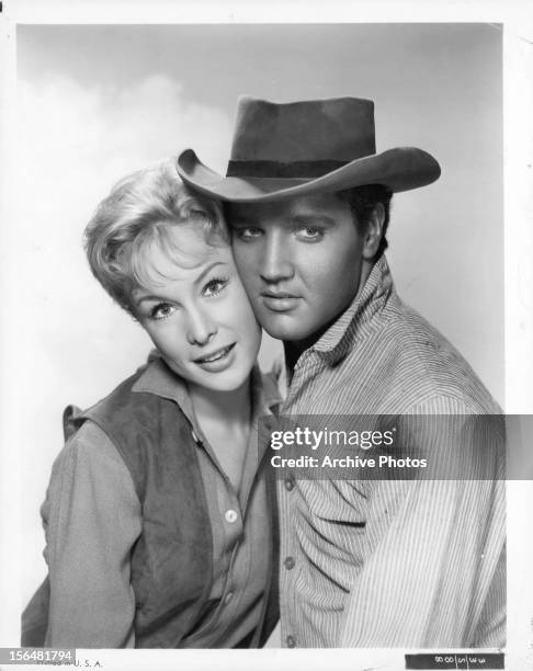 Barbara Eden and Elvis Presley in publicity portrait for the film 'Flaming Star', 1960.