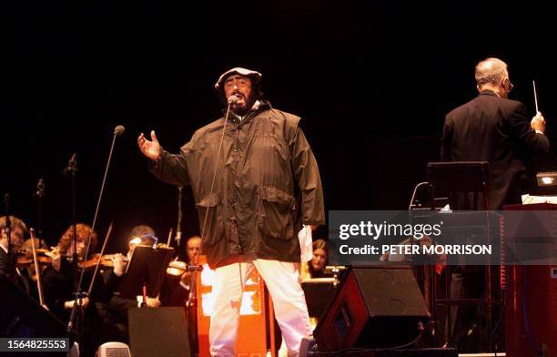 Italian tenor Luciano Pavarotti sings in concert at Stormont, Belfast 11 September, 1999.