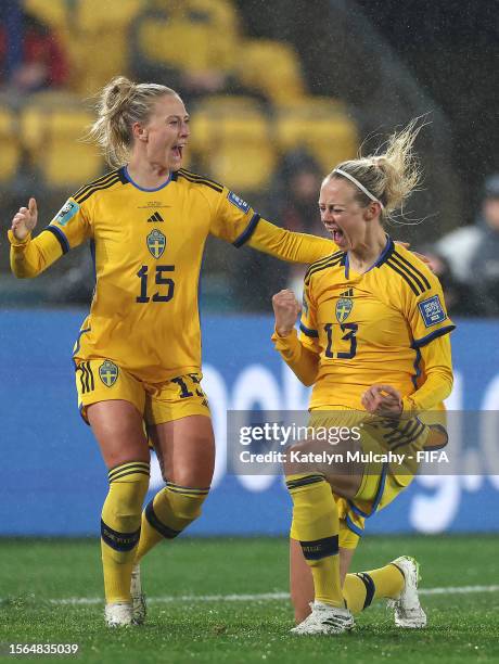 Amanda Ilestedt of Sweden celebrates with teammate Rebecka Blomqvist after scoring her team's second goal during the FIFA Women's World Cup Australia...