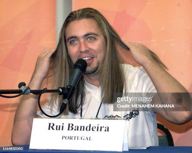 Rui Bandeira, Portugal's entry to the 1999 Eurovision song contest, jokes with reporters during a press conference in Jerusalem 25 May 1999. Rui will...