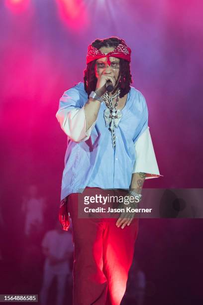 American rapper Trippie Redd performs onstage during day two of Rolling Loud Miami at Hard Rock Stadium on July 22, 2023 in Miami Gardens, Florida.