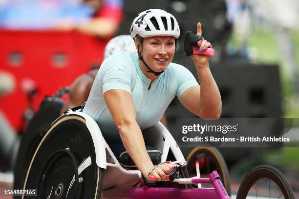 Sammi Kinghorn of Team Great Britain celebrates after winning the Women's 800 Metres Wheelchair during the London Athletics Meet, part of the 2023...