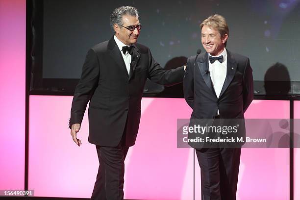 Actors Eugene Levy and Martin Short onstage during the 26th American Cinematheque Award Gala honoring Ben Stiller at The Beverly Hilton Hotel on...