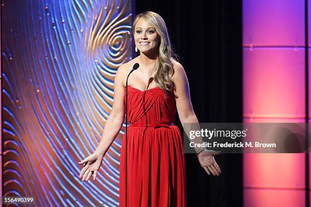 Actress Christine Taylor speaks onstage during the 26th American Cinematheque Award Gala honoring Ben Stiller at The Beverly Hilton Hotel on November...