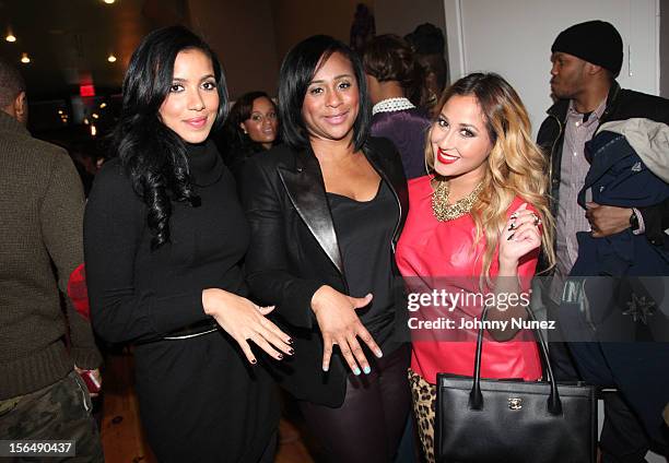 Julissa Bermudez, Lannetta "Pinkie" Hay and Adrienne Bailon attend Beauty and the Brunch After Dark at VP Lounge on November 15, 2012 in the Brooklyn...