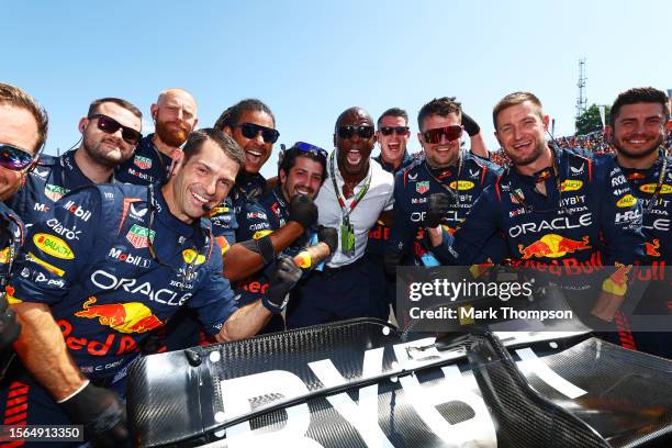 The Red Bull Racing Team and Terry Crews pose for a photo prior to the F1 Grand Prix of Hungary at Hungaroring on July 23, 2023 in Budapest, Hungary.