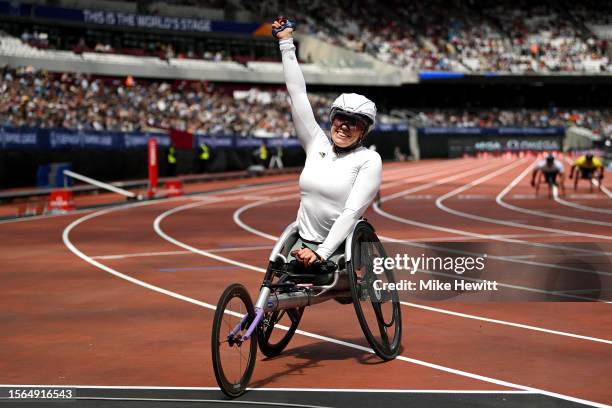 Third placed Hannah Cockroft of Team Great Britain poses for a photo after the Women's 800 Metres Wheelchair final during the London Athletics Meet,...