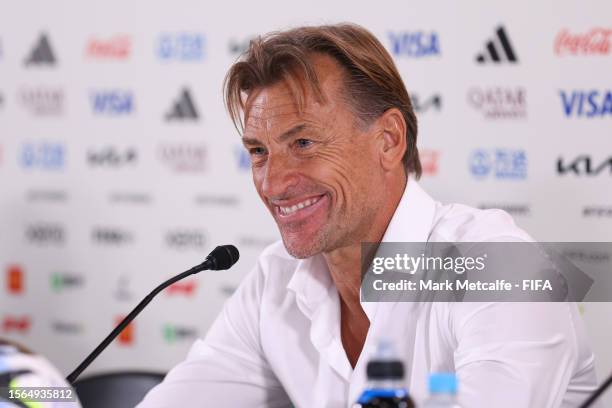 Herve Renard, Head Coach of France, speaks to the media in the post match press conference after the FIFA Women's World Cup Australia & New Zealand...
