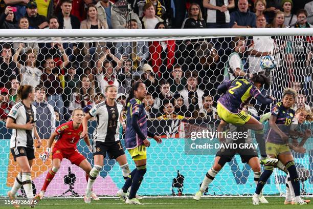 Colombia's midfielder Manuela Vanegas scores her team's second goal during the Australia and New Zealand 2023 Women's World Cup Group H football...