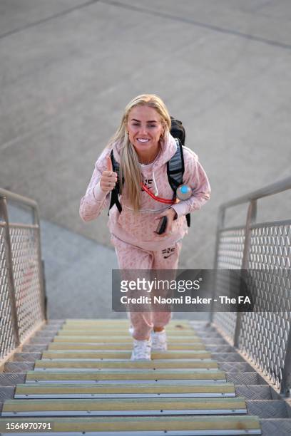 Alex Greenwood of England looks on as players of England travel to Newcastle on July 23, 2023 in Brisbane, Australia.