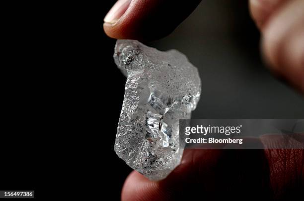 An employee displays a 109 carat uncut diamond worth an estimated value of up to $2 million in this arranged photograph at DTC Botswana, a unit of De...
