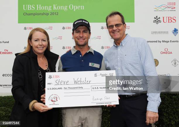 Steve Webster of England receives a cheque from Caroline Darcy UBS Exeutive director head of Sponsorship and Bryan Curtis Co-Chairman of Steering...