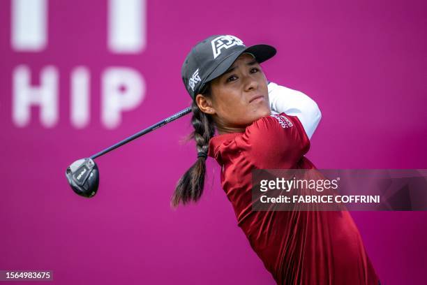 France's Celine Boutier tees off during the final day of the Evian Championship, a women's LPGA major golf tournament in Evian-les-Bains, French...
