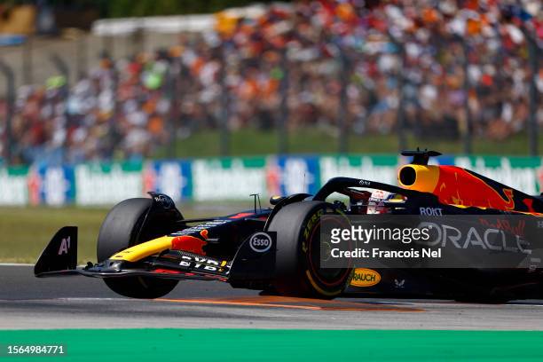 Max Verstappen of the Netherlands driving the Oracle Red Bull Racing RB19 on track during the F1 Grand Prix of Hungary at Hungaroring on July 23,...
